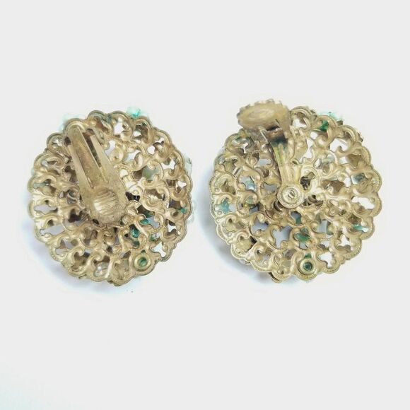 Vintage Rhinestone Floral Cluster Clip On Earrings, Blue Green Rhinestone, 50s - Picture 3 of 6